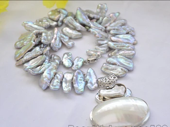 

z6771 25mm gray biwa dens freshwater pearl necklace mabe pendant 17inch