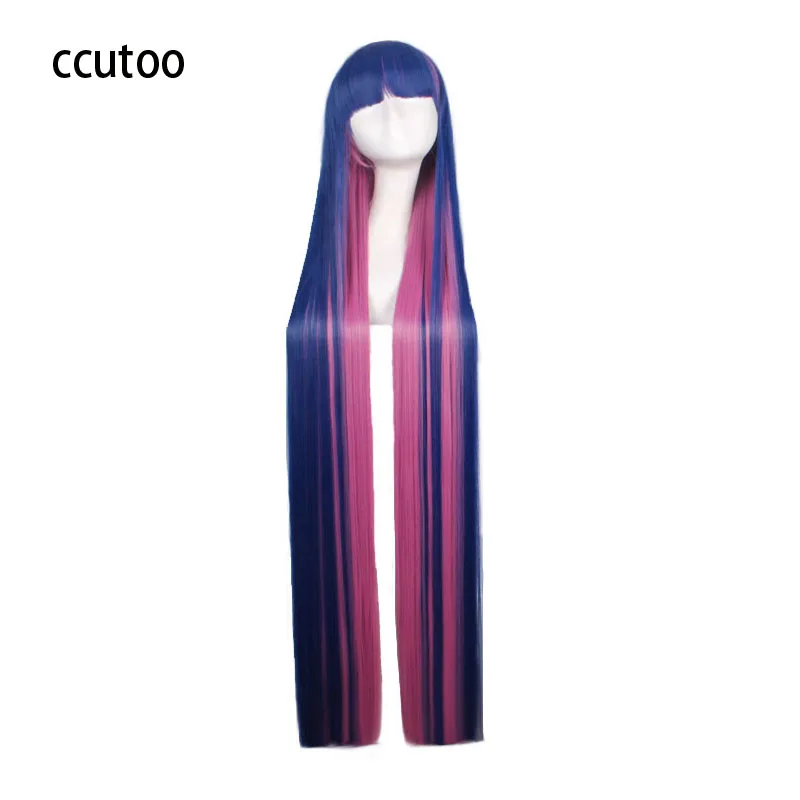 

ccutoo Panty & Stocking 120cm/47" Female Long Straight Pink blue Mix Flat Bangs Synthetic Hair Cosplay Full Wigs