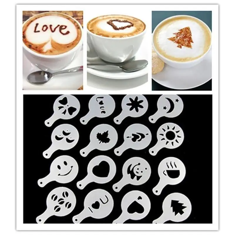 

16pcs/set Coffee Milk Gift Cupcake Coffee Drawing Mold Tool Barista Cappuccino Template Strew Duster Spray Mold Tool #113