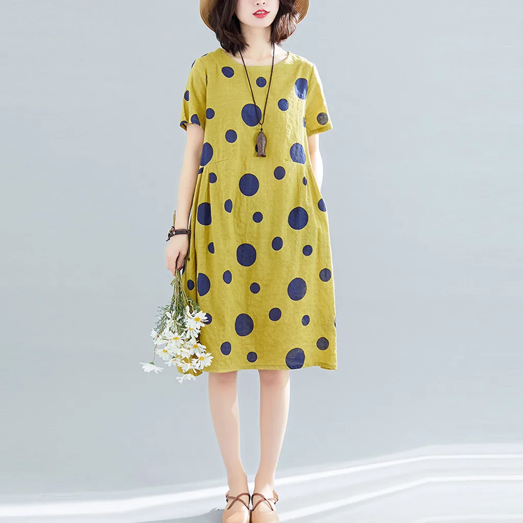 

Cotton Linen dress women summer nature Dot O-neck large size dresses Mid-length Short-sleeved Loose summer clothes for women#G6