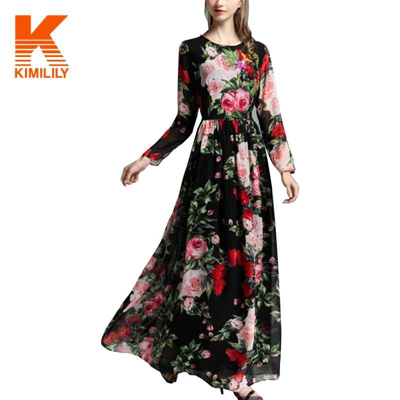 Женская Boho Шифон Maxi Dress Элегантный о шеи Длинным Рукавом Роза Птица Печатных