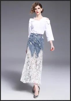 

Spring And Summer New Sexy Hips In The Long Section Of The Fish Tail Mermaid Lace Hollow Patchwork Denim Skirt