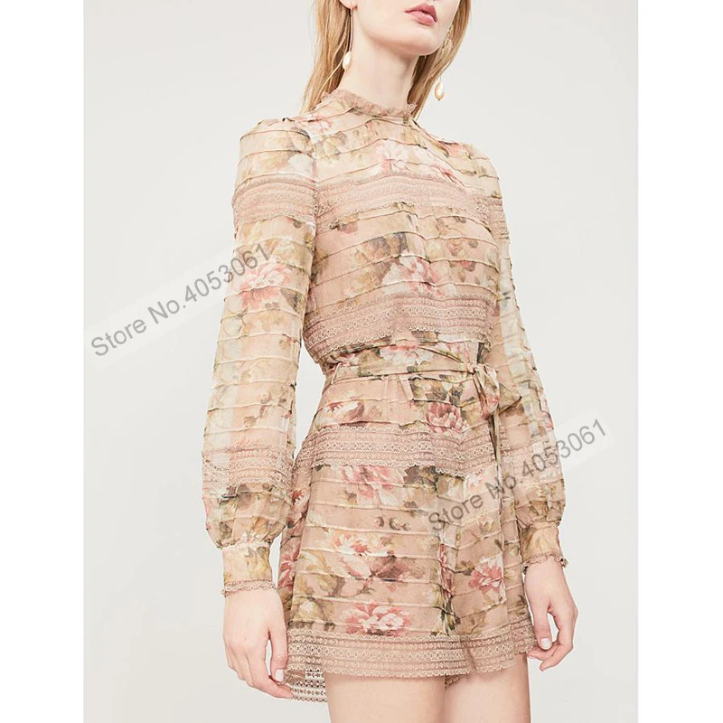 

Top Version Fleeting Pintuck Playsuit - Dusk Romantic Floral Print Sheer Jumpsuit Pintucked Pleats & Lace Detail & Self Tie Belt