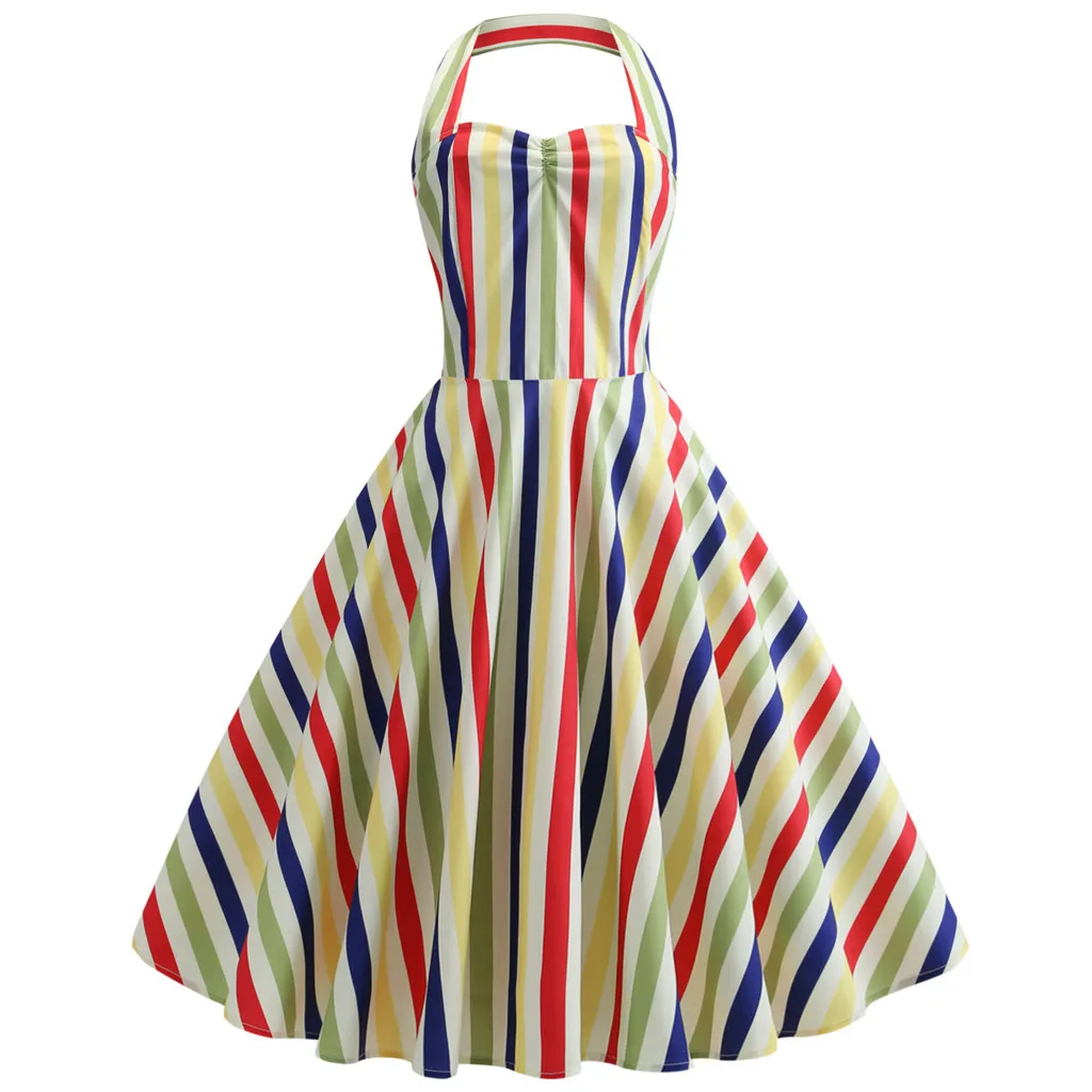

Dresses Spring 2019 Women's Vintage Polka Halter Stripe Print Sping Retro Rockabilly Cocktail Party Casual Dress