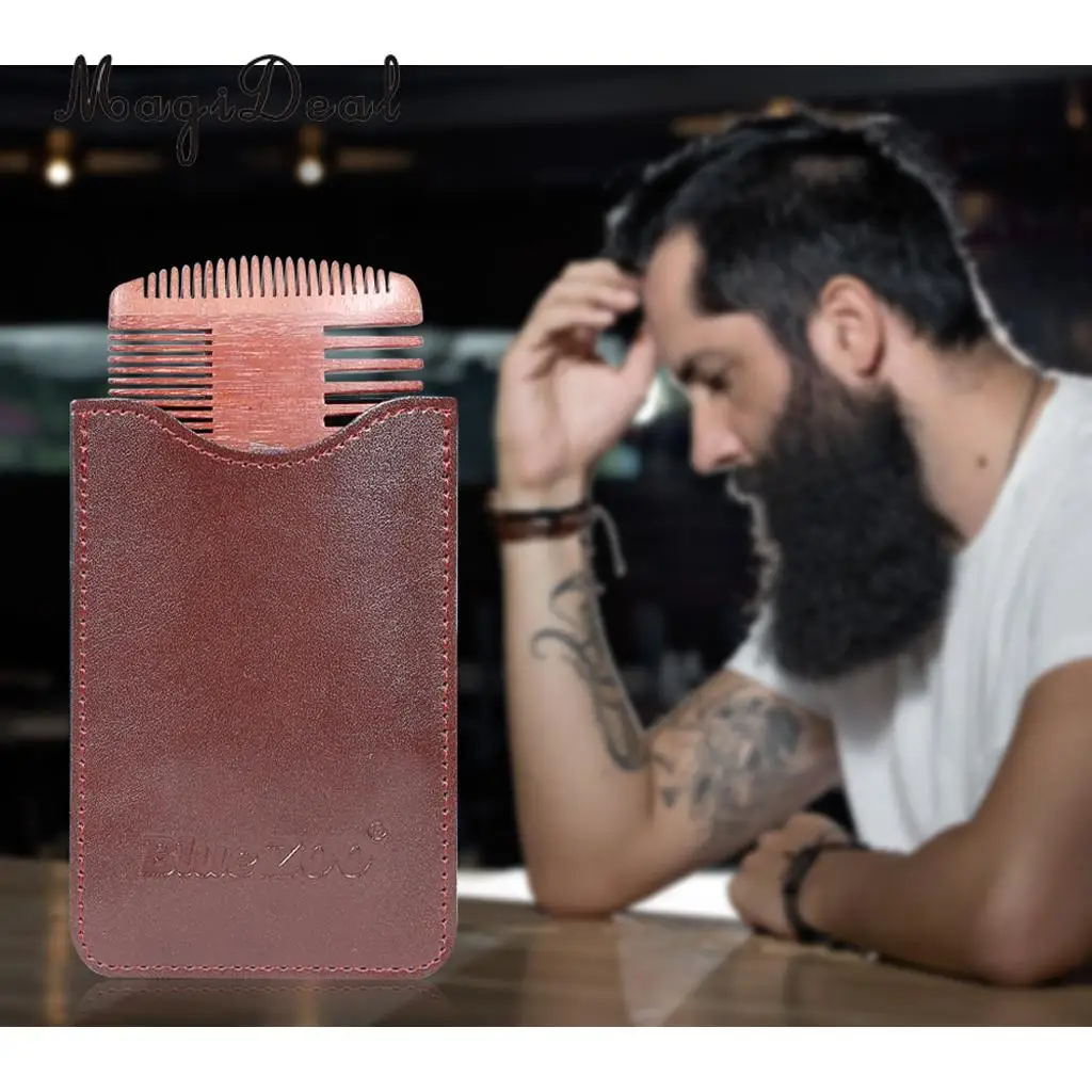 Anti Static Natural Sandalwood 4 Sided Fine Coarse Teeth Men Beard Mustaches Grooming Shaving Comb with PU Leather Bag Case