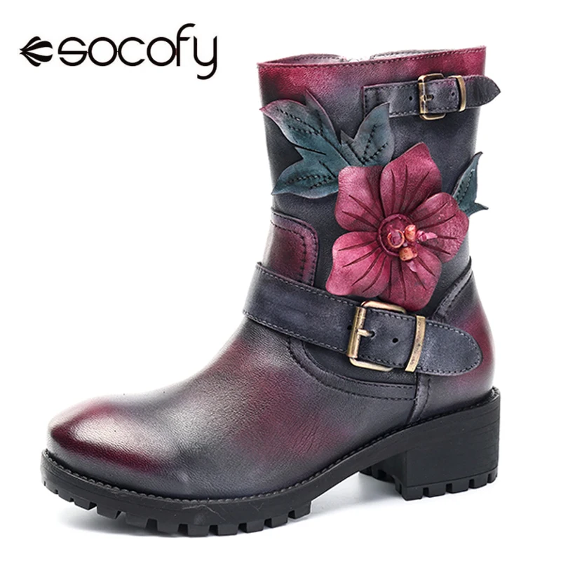 Online Socofy Vintage botas de media pantorrilla zapatos de Mujer de cuero genuino de felpa botas de moto para invierno bota de otoño barcos Mujer