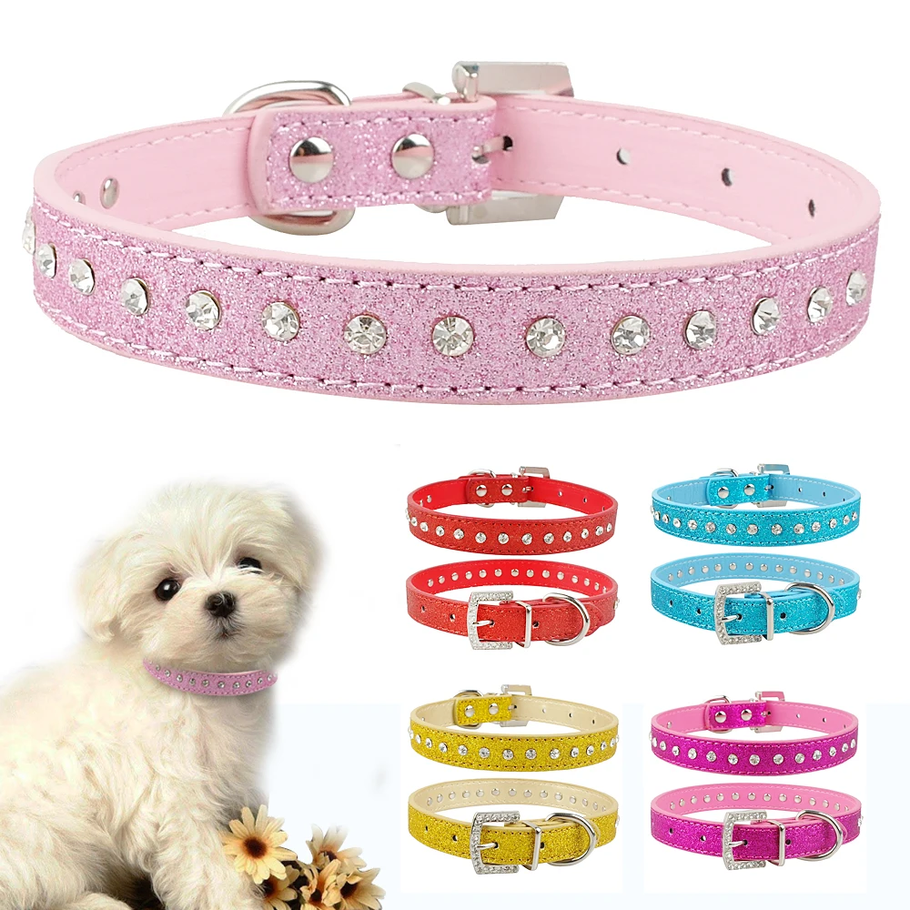 Розовый цвет 1 ряд собачий ошейник в стразах Diamante Кристалл Pet кошка котенок воротники искусственная кожа XS Размеры s и m для чихуахуа - изображение