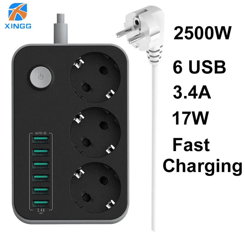 

EU RUSSIAN Plug Electric Power Strip Switch 3 Outlets 6 Fast Charging USB Ports Extension Socket 1.5M Cord Cable Surge Protector