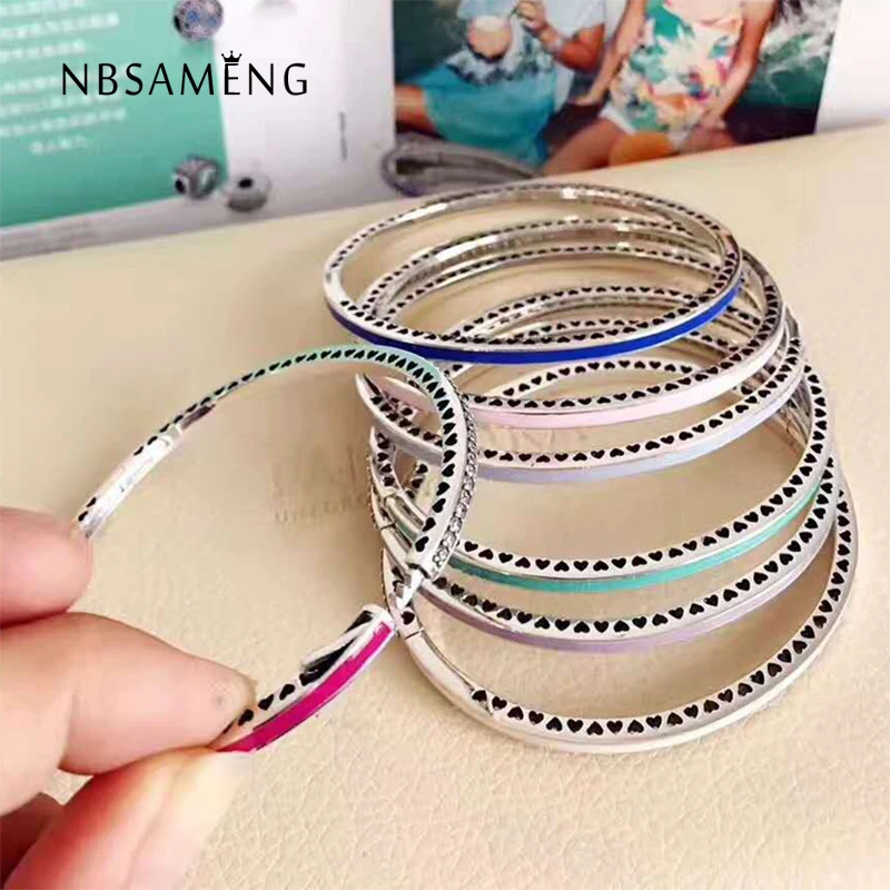 

Authentic 925 Sterling Silver Original 7 Colors Radiant Hearts Of Bangle With Clear Cubic Zirconia Fit Pan Bracelet DIY Jewelry
