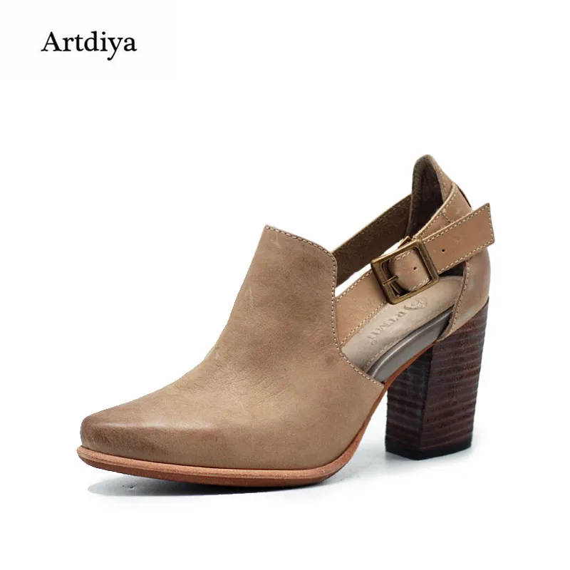 Artdiya Original Retro Thick Heels Pointed Toe Women Shoes Genuine Leather Belt Buckle High Heels Handmade Shoes 81903-8