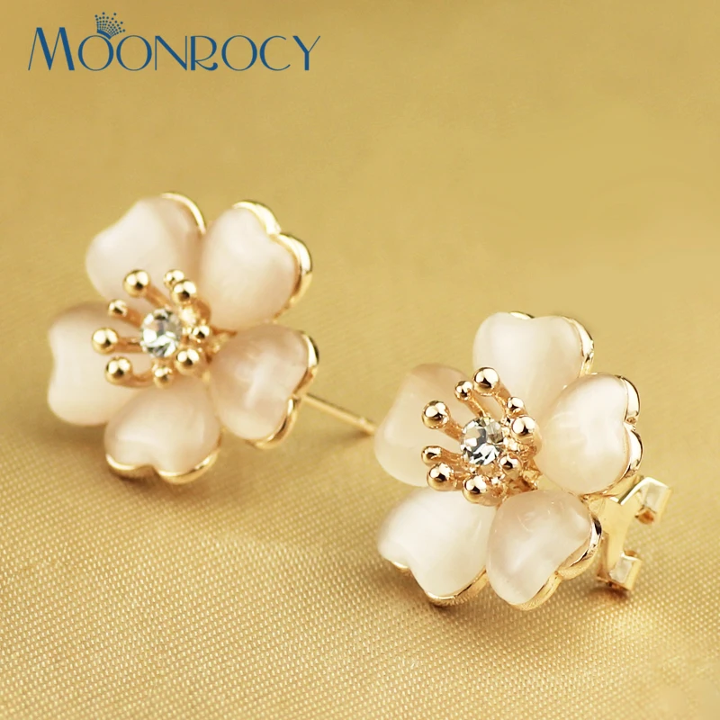 MOONROCY Free shipping Fashion Flower Rose Gold Color Opal CZ Crystal Earring Jewelry for Women Drop Shipping Wholesale Gift|earings fashion