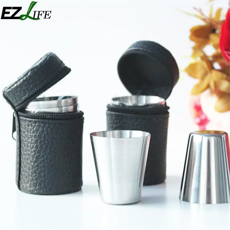 EZLIFE 4 шт., чашка из нержавеющей стали с чашкой, кожаный чехол, Мини Портативная чашка для вина, виски, кемпинга, аксессуары для путешествий CRM5916 - Цвет: Black