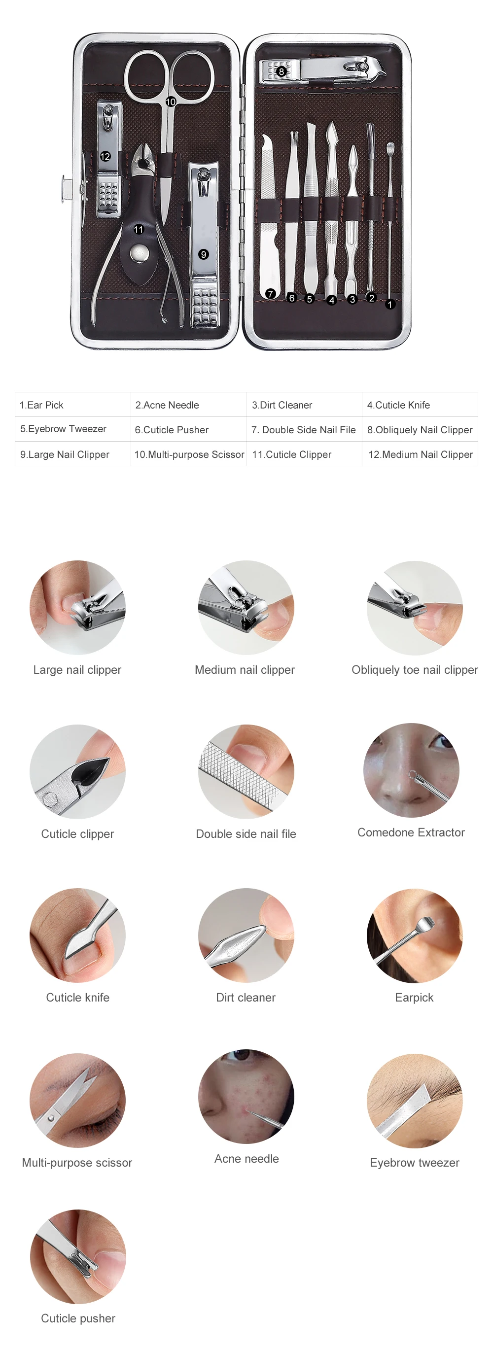 XYj маникюрный набор, кусачки для ногтей, набор из нержавеющей стали, Персональный Маникюр и педикюр, набор для путешествий и ухода, 12 в 1, набор инструментов для дизайна ногтей