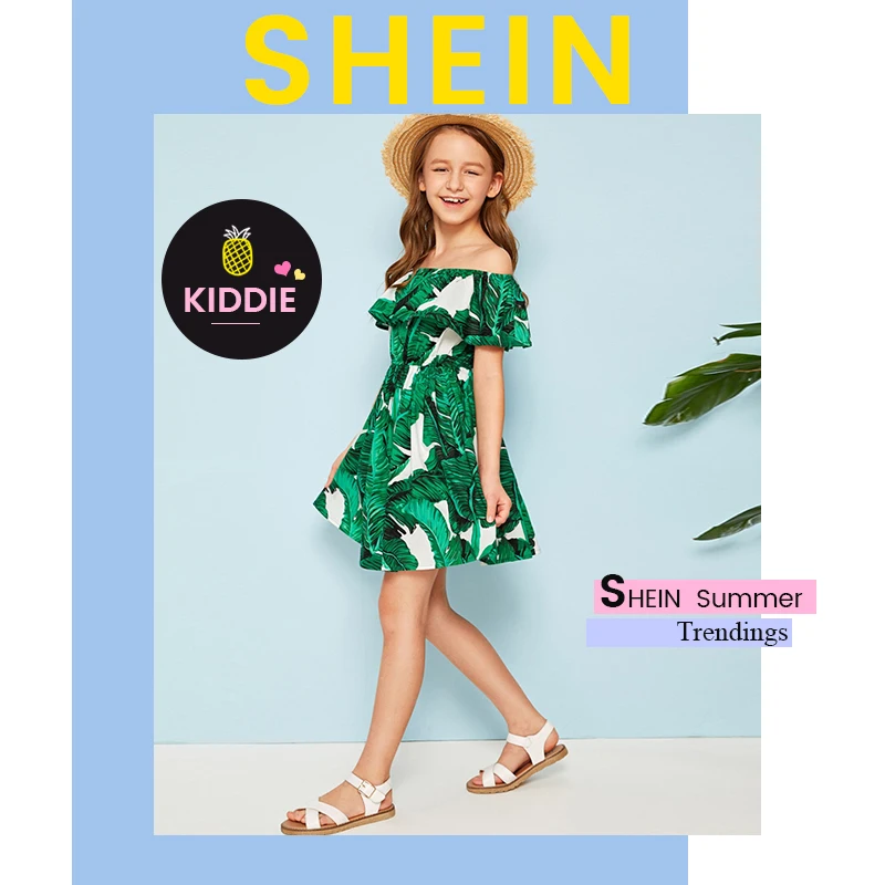 SHEIN Kiddie/красное платье в горошек с рюшами и открытыми плечами для девочек г. летнее расклешенное платье до колена с короткими рукавами для отдыха в стиле бохо