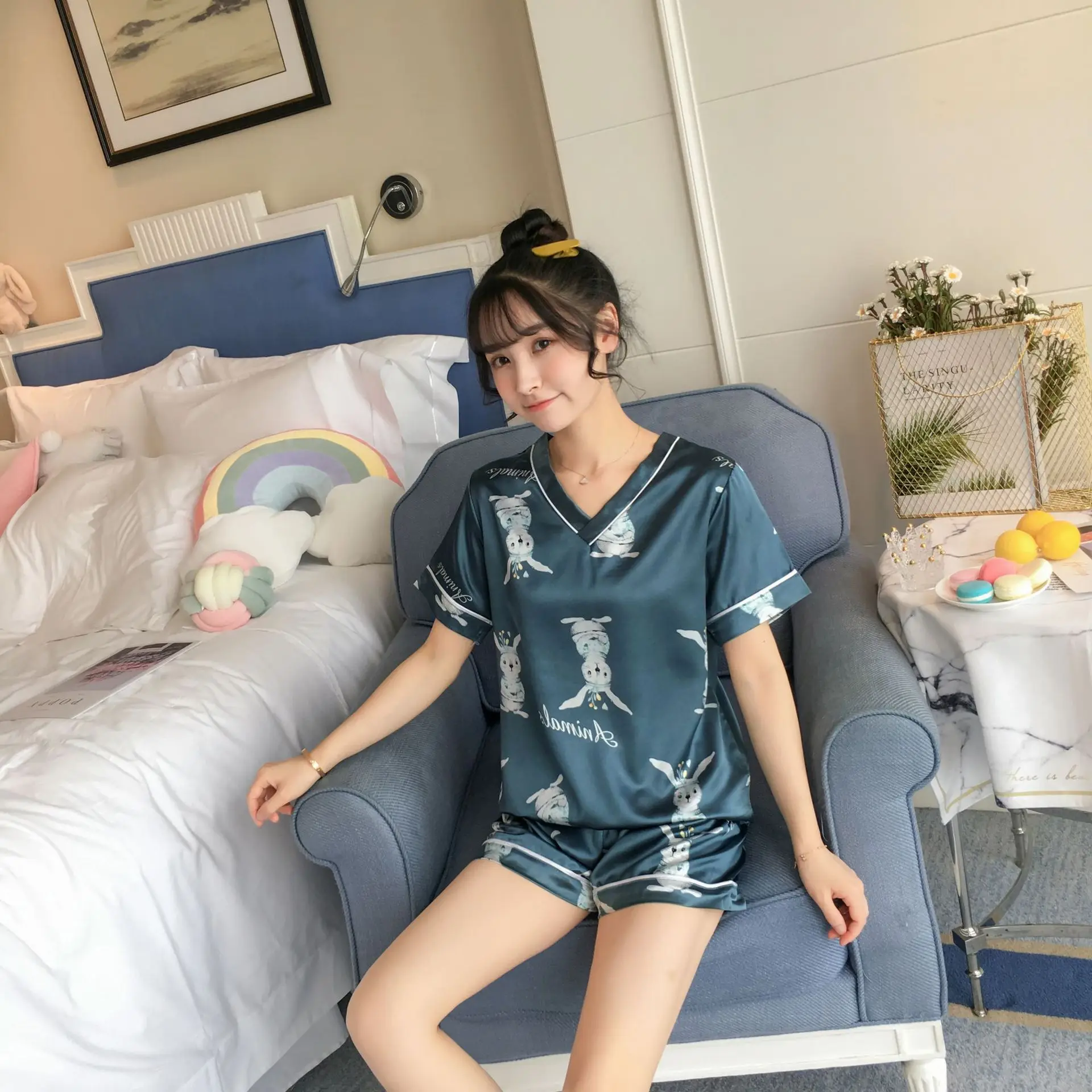 Pajama girls summer ice silk short sleeves two pieces of suit Korean fresh sweet lovely students thin silk home clothes