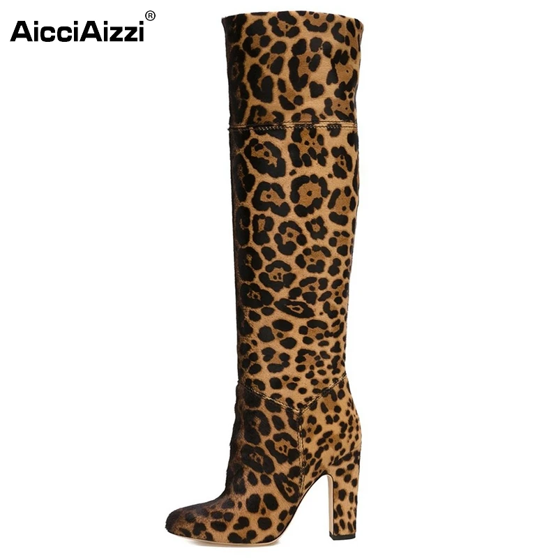 

New Fashion Women Knee-high Boots Female Sexy Pointed Toe Square High Heels Leopard Boots Shoes Woman Size 35-46 B133