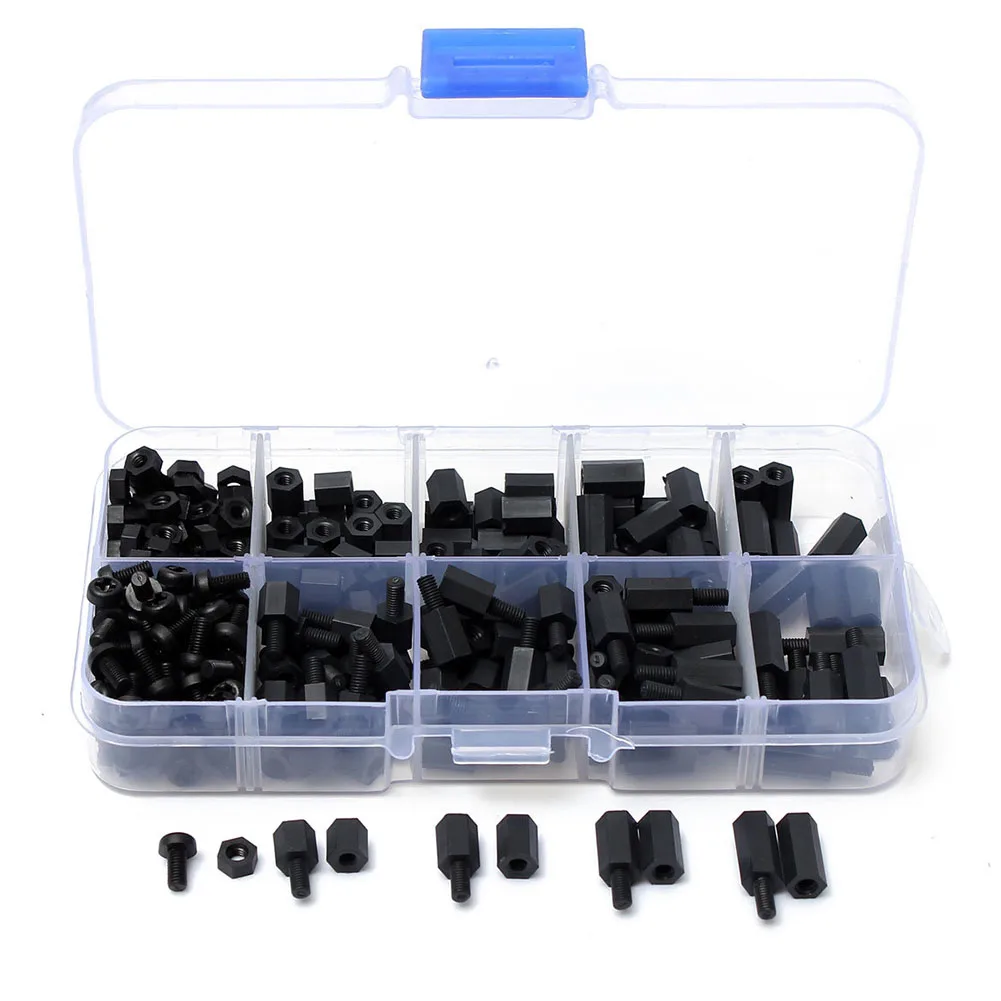 

NEW M3 Nylon Black Hex Spacers Screw Nut Stand-off Assortment Kits Set Box Tool