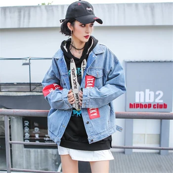 

2018 Korean Harajuku loose denim Jackets Women Autumn Winter Clown patch printing Coats Female Long Sleeve Turn-down Collar Coat