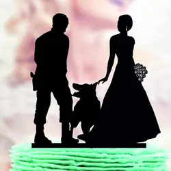 Семья свадебный торт Топпер, жених и невеста с собакой силуэт для вершины торта, полицейский Mr и Mrs немецкой овчарки Топпер