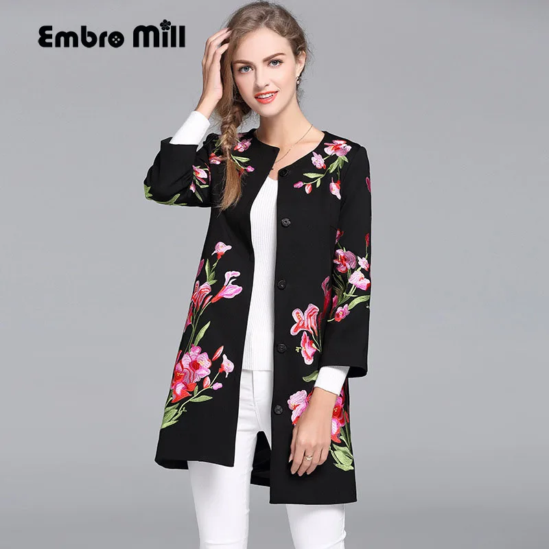 Kopen Vintage koninklijke borduren herfst basic jas jas vrouw Tops elegante slanke dame plus size zwarte bloemen casual jas vrouwelijke S 6XL