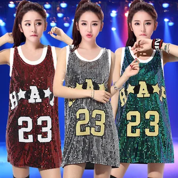 

2018 New Jazz Dance Tops Hip Hop Dance Dress Sequin Vest Cheerleading Dancing Costumes Loose T-Shirt Performance Wear DN1536