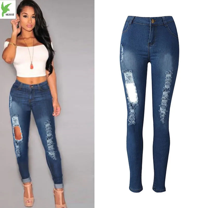 lue Bleach Wash Distressed Rock Denim Jeans Women Casual High Waist