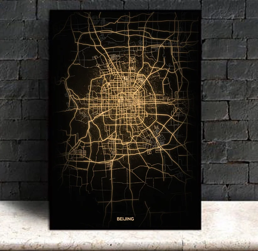 Beijing, Modern City Gold Map Canvas Art Print Home Room Decor Poster