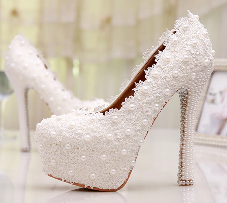 Custom Made Sweetness White Flower Lace Platforms Pearl Wedding Shoes Bridal font b Dress b font