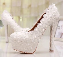 Custom Made Sweetness White Flower Lace Platforms Pearl Wedding Shoes Bridal Dress High Heels Bridesmaid Shoes