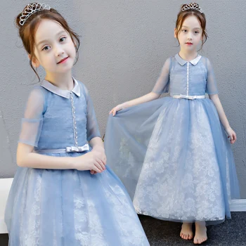 

Baby Girl Summer Elegant Luxury Blue Lace Piano Long Dress for Teens3 5 7 9 13 15 Girl Wedding Birthday Party Ball Gown Dresses