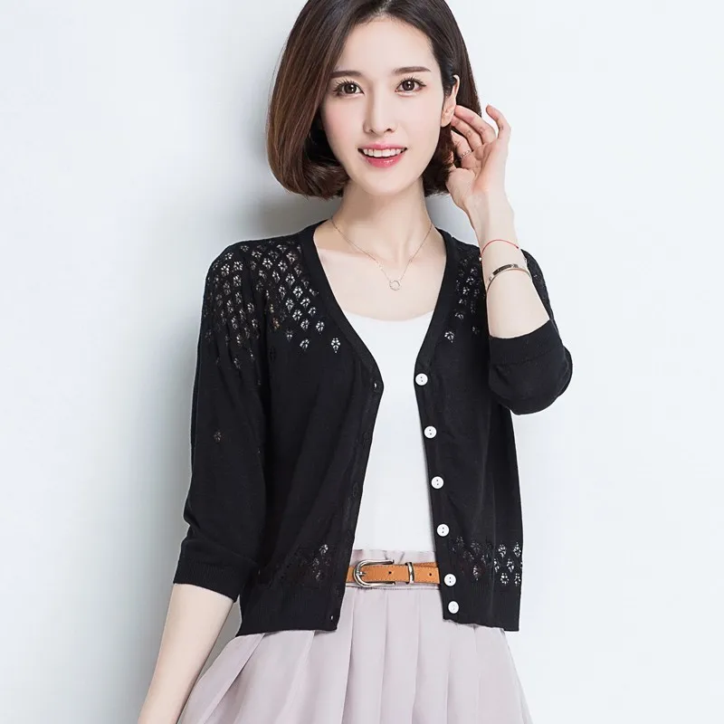 Women Thin Knitted Cardigan Coat 2019 Casual V-Neck 3/4 Sleeve Crochet Knit Cardigan Sweater Female Hollow Out Tops Women Thin Knitted Cardigan Coat 2019 Casual V-Neck 3/4 Sleeve Crochet Knit Cardigan Sweater Female Hollow Out Tops