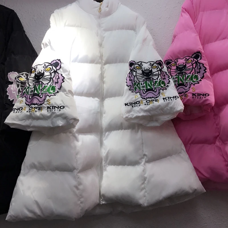 Woman Winter Down Cotton padded Jacket Three Quarter Sleeve Tiger Head Embroidery Thick Parkas Female Wadded