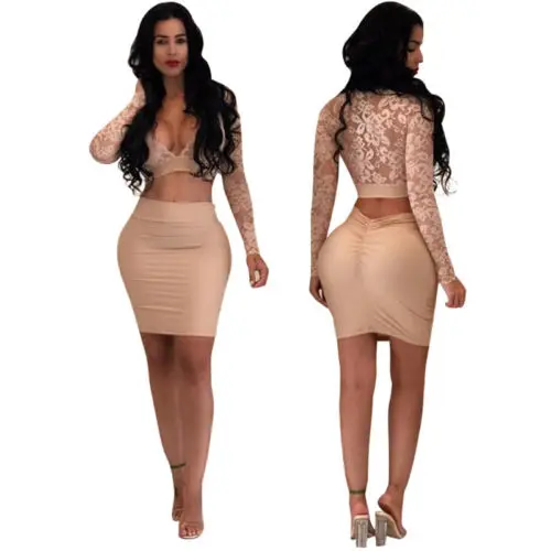 

Women Sexy Bodycon Long Sleeve Cocktail Lace Mini Dress 2019 Hot Sale Lace V Neck Long Sleeves Crop Top+Mini Skirt 2Pcs Set New