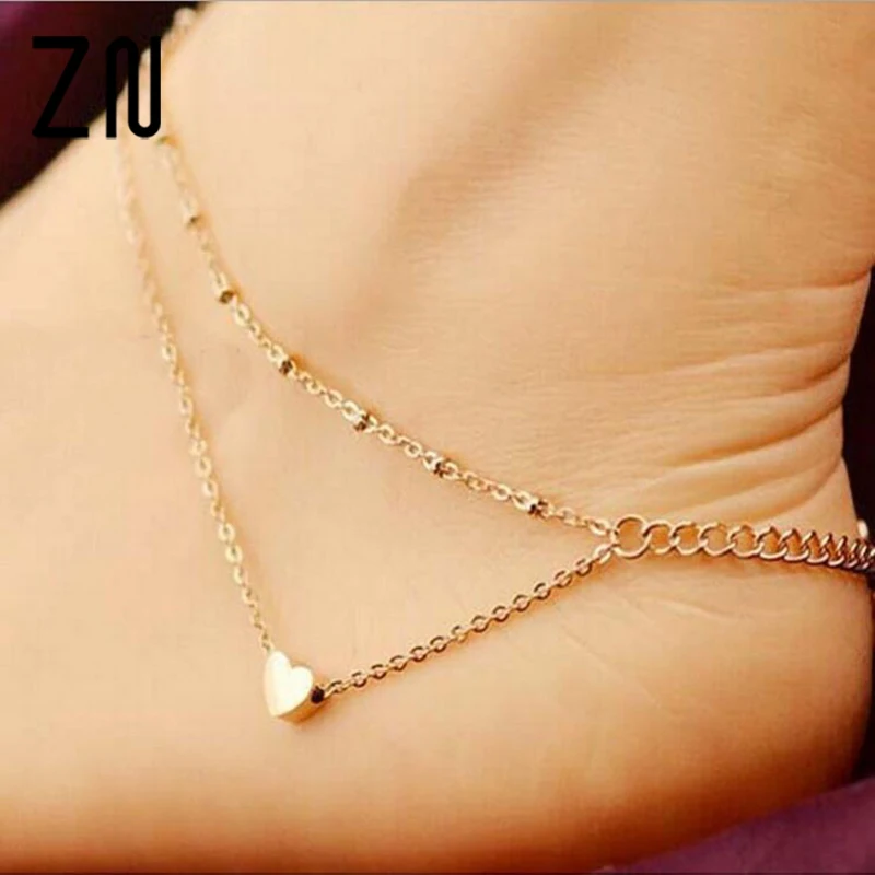 

ZN Japan And South Korea Fashion Double Love Heart Beach Anklet Titanium Steel Heart Gift Anklets For Women Barefoot Sandals