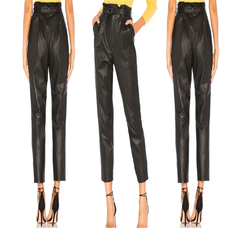 

Womens Solid New High Waist Paperbag PU Leather With Sashes Casaul Trousers Ladies Party Cigaratte Pants