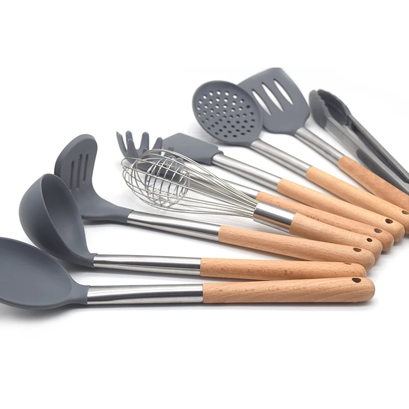 Silicone Cooking Utensils, kitchen utensils 9 pieces set with wood handles, heat resistant and nonstick