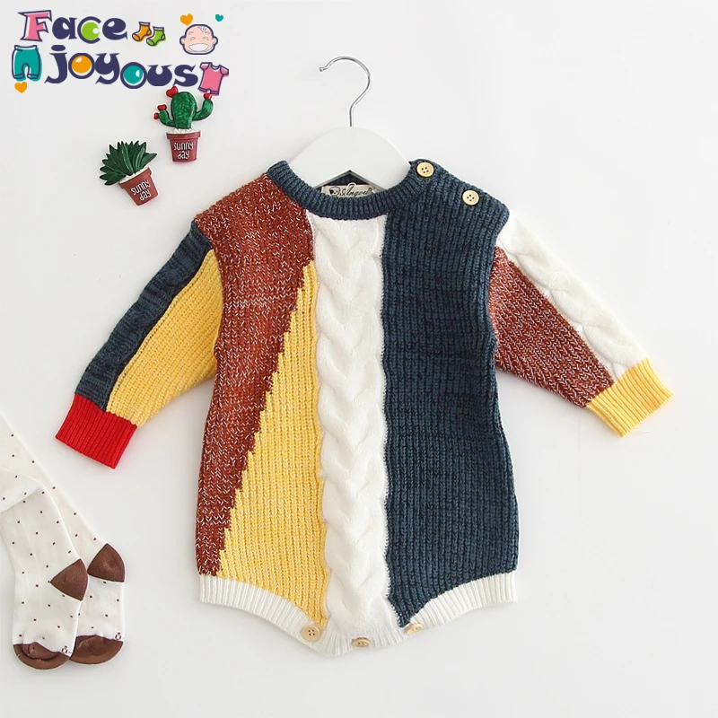 Newborn Baby Clothes Boys Long Sleeeved Patchwork Sweater Rompers Infant Kids Knitwear Jumpsuit Girls Romper Knitted Clothes