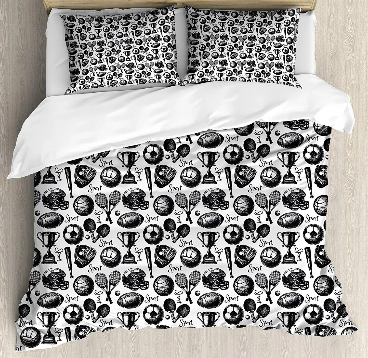 

Sport Duvet Cover Set Queen Size Monochrome Trophy Baseball Glove Ping Pong Ball Sketch Style Bat Tournament Inspired Bedding