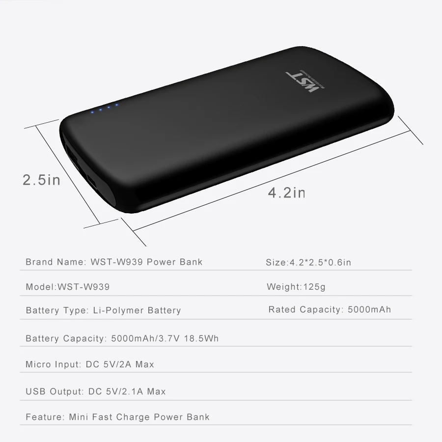 WST portátil capacidad Banco de la energía 5000 mAh PoverBank Paquete de batería móvil externo de l