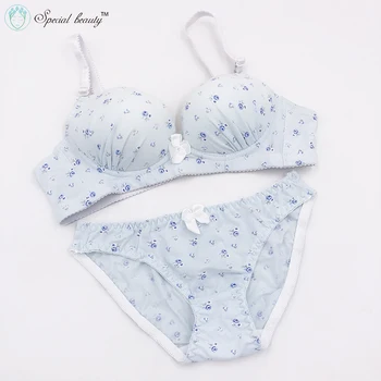 

Free shipping!!!Blue color Pure cotton Broken flower soft Pastoral style Super comfort Push up breathe freely Wire Free bra set