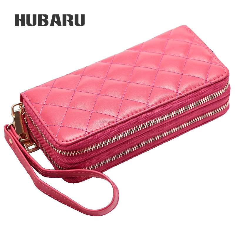 

HUBARU Women Fashion Double Zipper Wallet Cow Leather Plaid Design Multi-Function Clamp Wristlet Purse Big-Capacity Female Purse