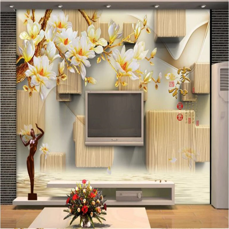 3d Talla De Madera De Casa Y Colorido Tallada Magnolia Mural Fondo