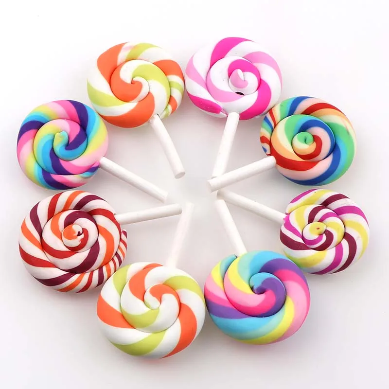 10pcs Spiral Rainbow Polymer Clay Cabochons  Beauty Kawaii  lollipop Candy  Flatback For DIY Phone Decoration