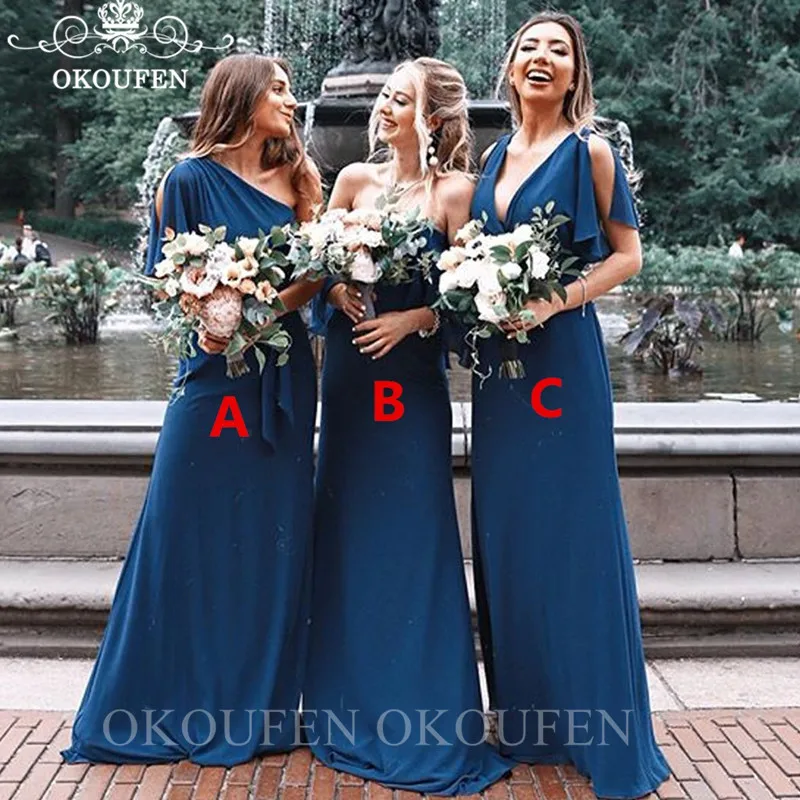 

2020 Bohemia Beach Long Bridesmaid Dresses For Women Wholesale Price Blue Polyester Satin Formal Dress Party Wedding Gowns