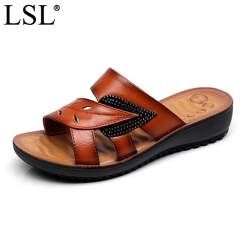 LANSHULAN 2017 Сандалии Женщин Кожа Soft Comfort Mather Обувь Женская Мода Слайды Вьетнамки