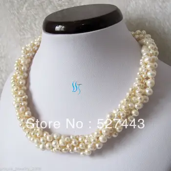

Wholesale free shipping >>16" 3-7mm 5Row White Freshwater Pearl Necklace Off Round Choker Jewelry