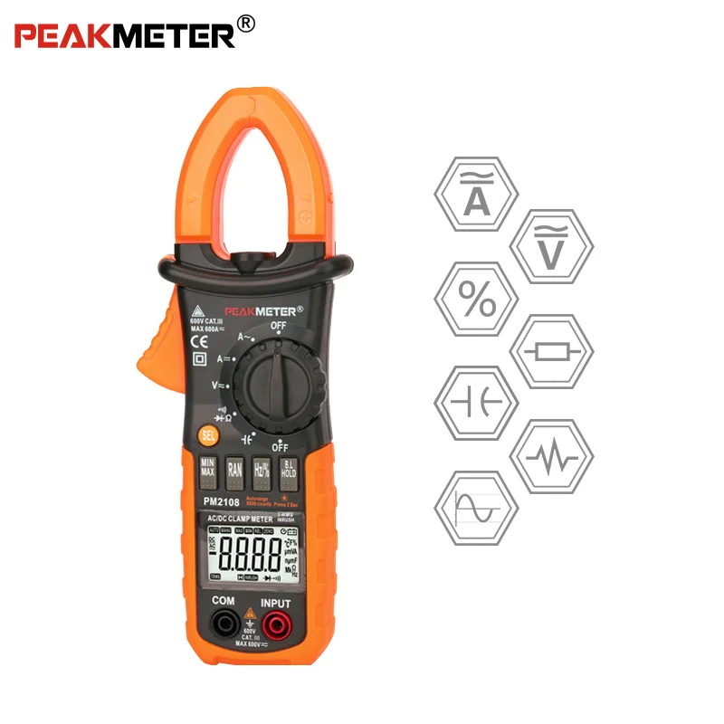 Цифровой клещи Peakmeter PM2108 6600 отсчетов авто и ручной диапазон AC/DC мини мультиметр AC