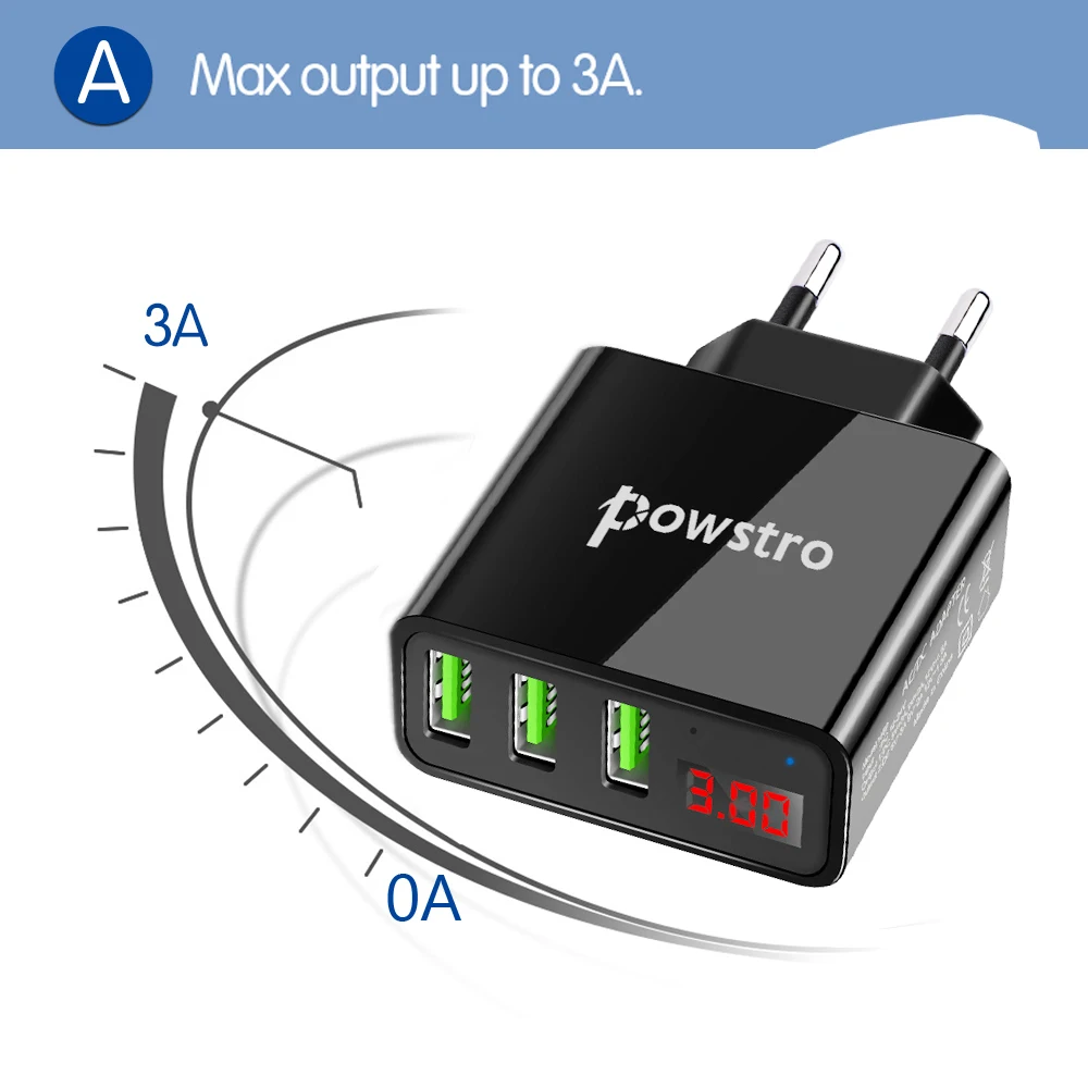 Настенное зарядное устройство Powstro 5 В 3 А, 3 USB, зарядное устройство для мобильного телефона, адаптер, дисплей, зарядное напряжение, ток для телефона, планшета для samsung