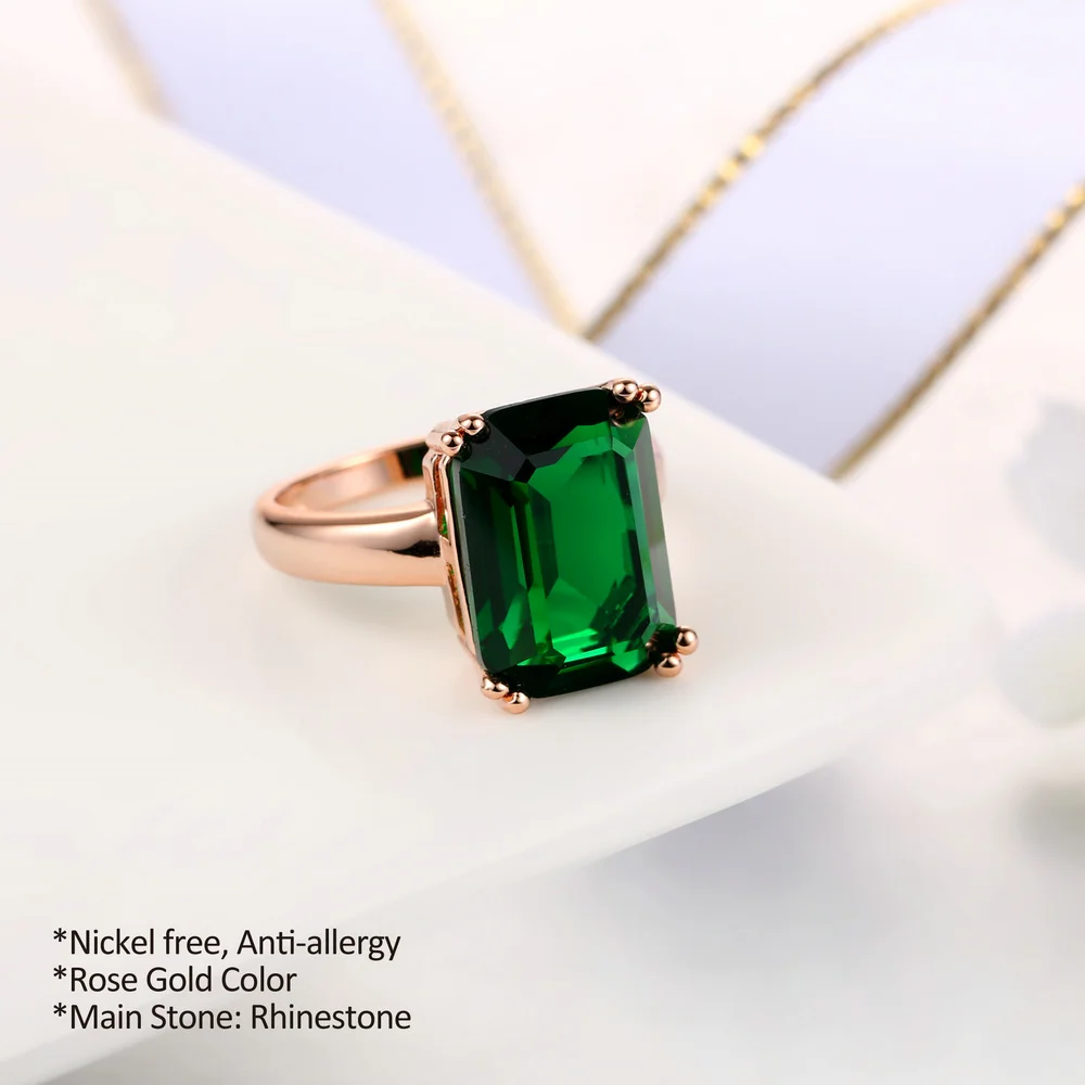 Green Crystal Ring Rose Gold Color Big Red Rhinestone Wedding Jewelry For Women