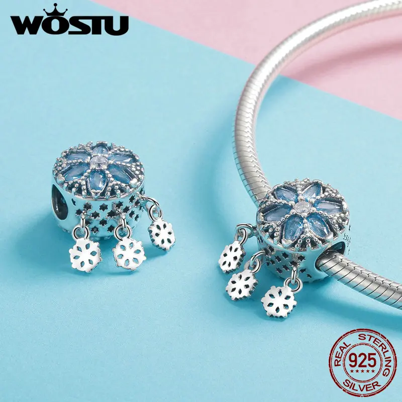 WOSTU Fashion 925 Sterling Silver Snowflakes Blue Beads Fit Charm Bracelet Necklace Pendant For Women Wedding Jewelry DXC1100